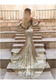 Mermaid Long Split Prom Dress Gold Sequined Evening Dress With Sleeves
