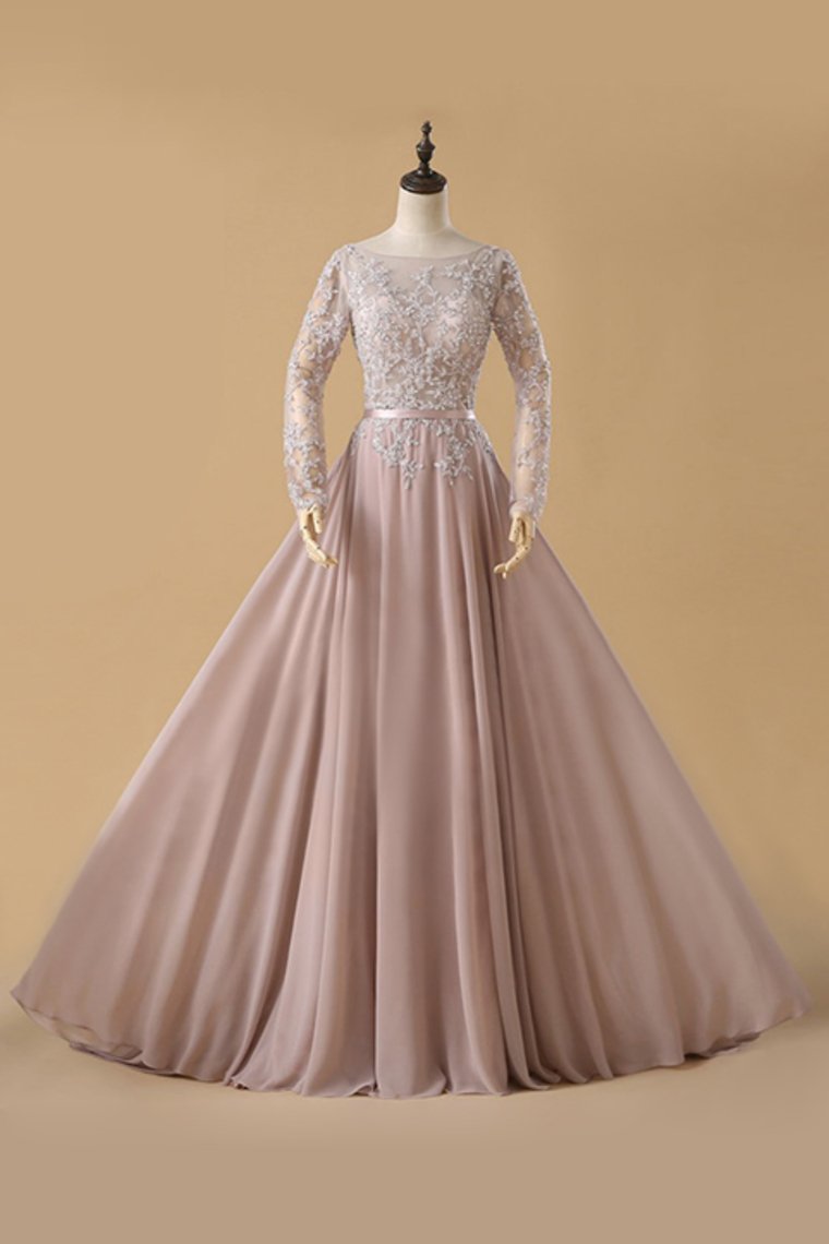 2024 A Line Chiffon Prom Dresses Bateau Long Sleeves With Beads And Applique