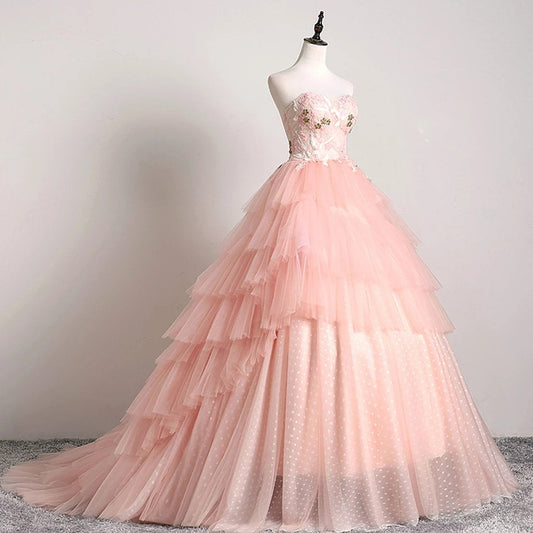 Princess Ball Gown Pink 3D Lace Multi-layered Prom Dresses, Tulle Quinceanera Dresses SRS15292