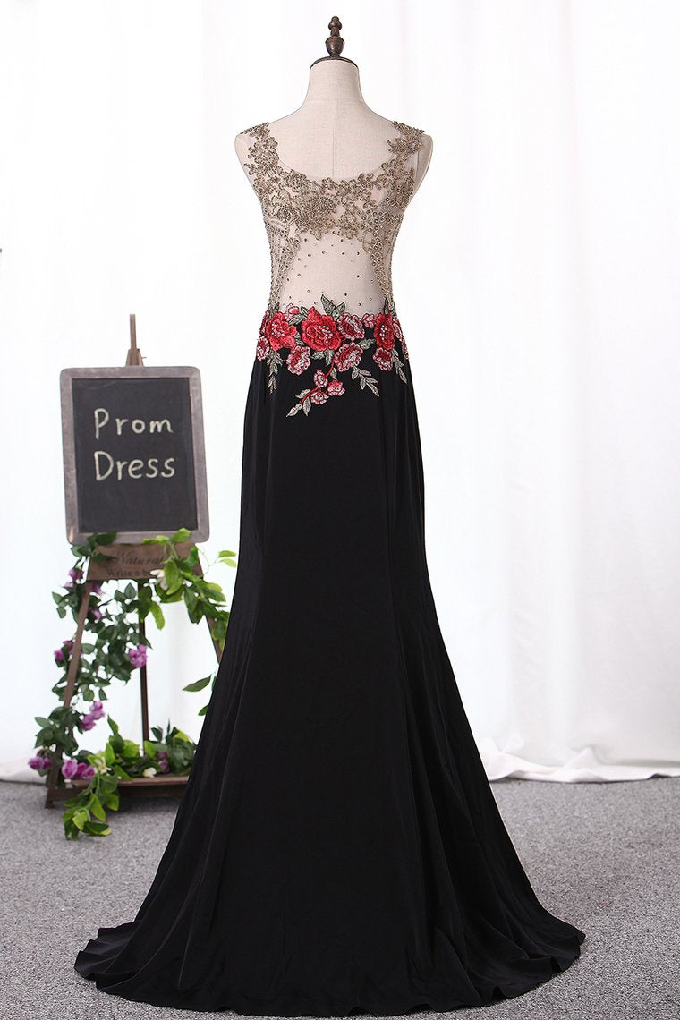 Mermaid Prom Dresses Scoop Spandex With Beads&Appliques Sweep Train