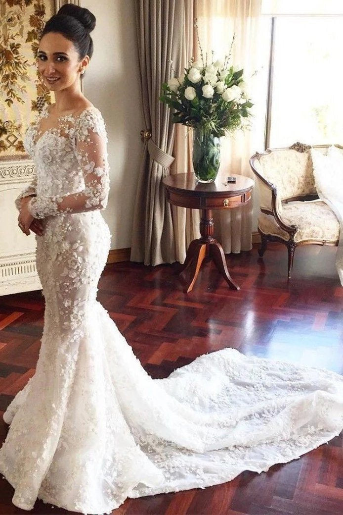 Charming Mermaid Long Sleeves Wedding Dress with Lace Appliques, Wedding Gowns SRS15108