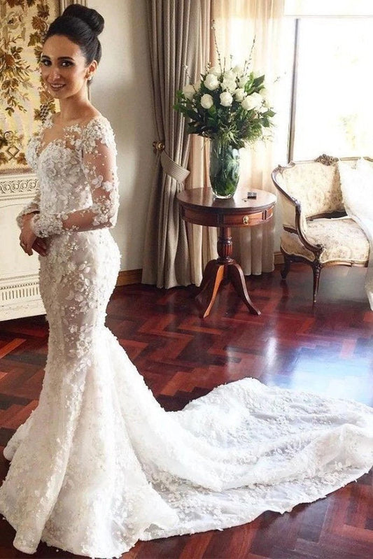 Charming Mermaid Long Sleeves Wedding Dress with Lace Appliques, Wedding Gowns SRS15108
