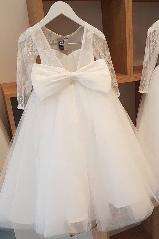 Ball Gown Lace Long Sleeves Flower Girl Dress With Bowknot Back, Round Neck Baby Dresses SRS15058