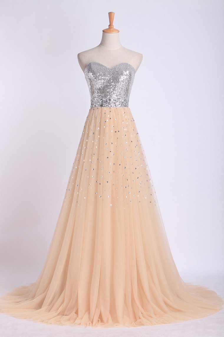 Sweetheart A Line Sweep Train Prom Dresses Tulle With Beads