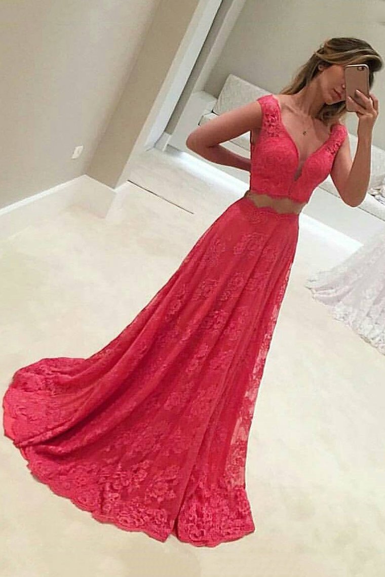 2024 Lace Two-Piece A Line V Neck Prom Dresses Sweep Train