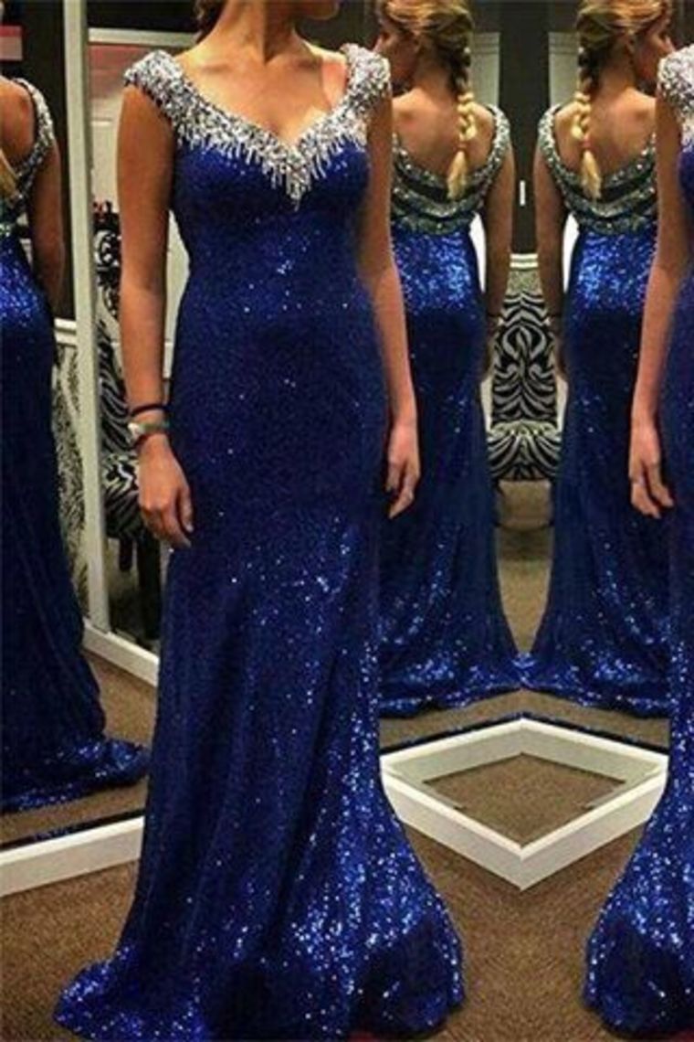 2024 Bling Bling Evening Dresses Mermaid V Neck Sweep/Brush Sequins Lace With Rhinestones