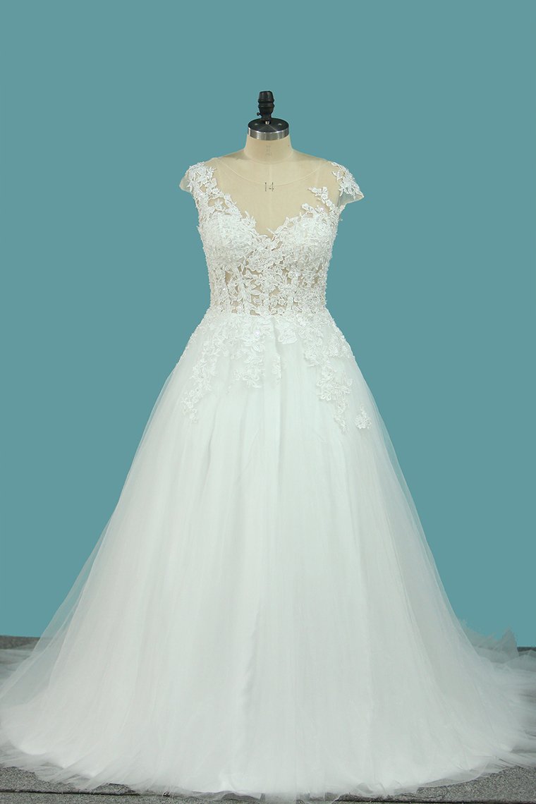A Line Tulle Cap Sleeve Scoop Wedding Dresses With Applique Court Train