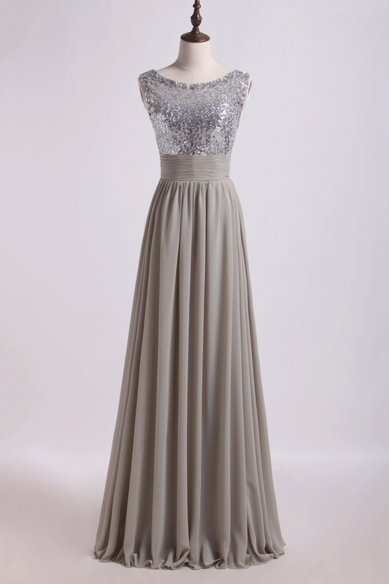Romantic Scoop V Back A Line/Princess Chiffon Prom Dresses With Beads And Ruffles Floor Length
