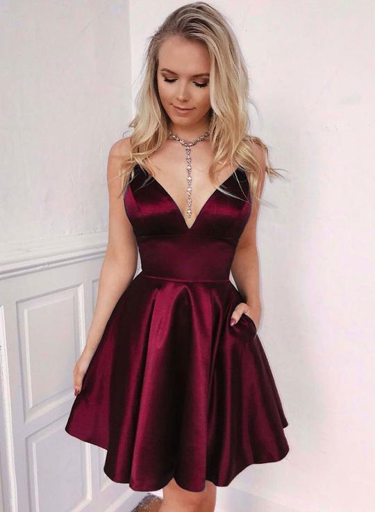 Burgundy V Alexandra Homecoming Dresses Satin Neck Short Dress CD1007
