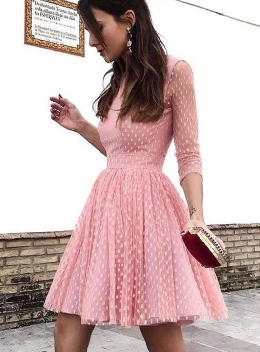 Round Neck Long Sleeves Open Back Homecoming Dresses Cocktail Rhianna Pink Dresses CD10083