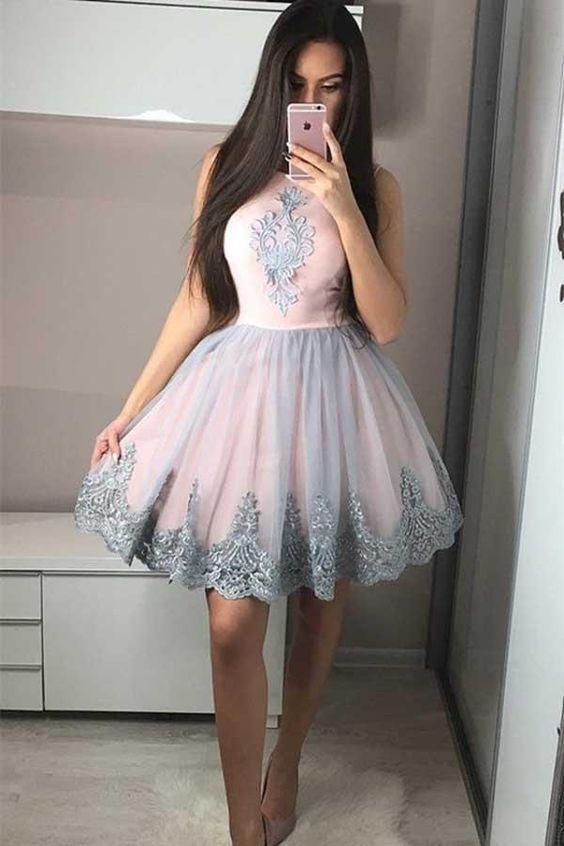 Cute Cassidy Pink Homecoming Dresses A-Line Round Neck With Appliques CD10197