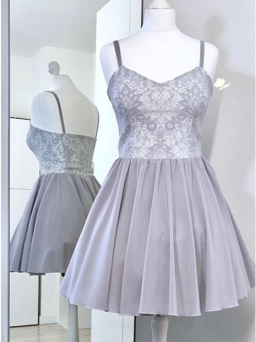 A-Line Spaghetti Straps Grey Belinda Homecoming Dresses Lace Short With CD10262