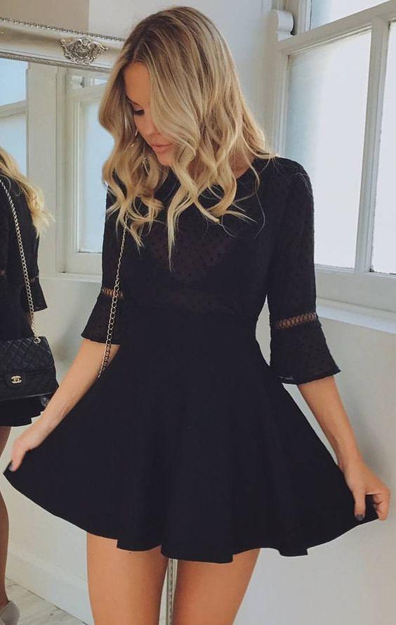 A-Line Jewel Satin Homecoming Dresses Mareli Half Sleeves Little Black CD1038
