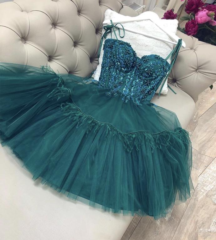 GREEN TULLE LACE Brynn A Line Homecoming Dresses SHORT Green Short Dress CD10493