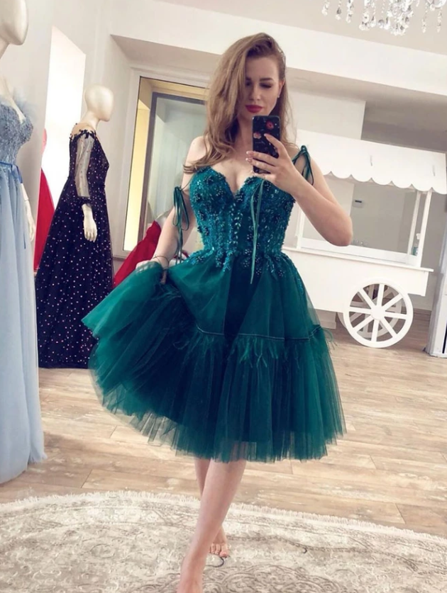Homecoming Dresses Alma GREEN V NECK TULLE LACE SHORT DRESS LACE CD10518