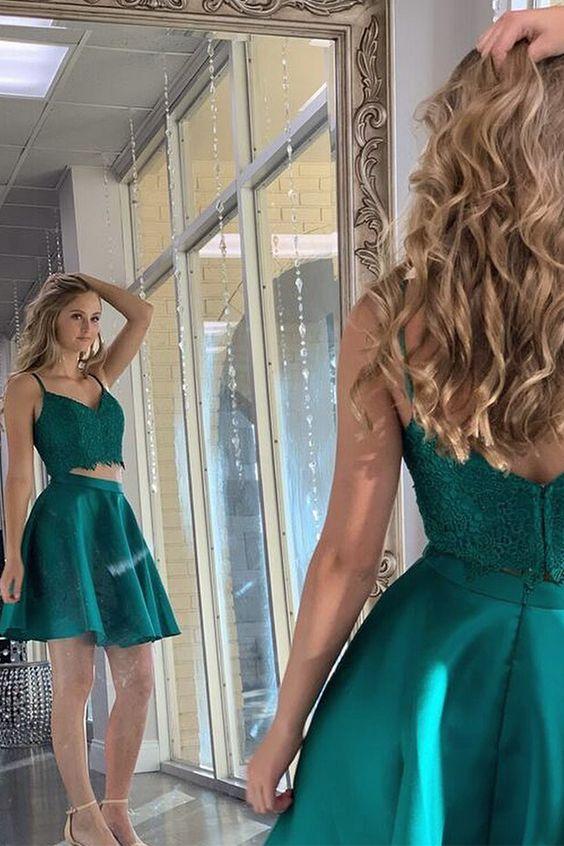 Short Dark Green Lori Homecoming Dresses Lace Two Piece With CD10530