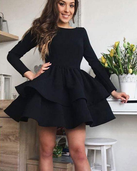 Simple Black Layered With Long Sleeves Satin Homecoming Dresses Yamilet CD1091