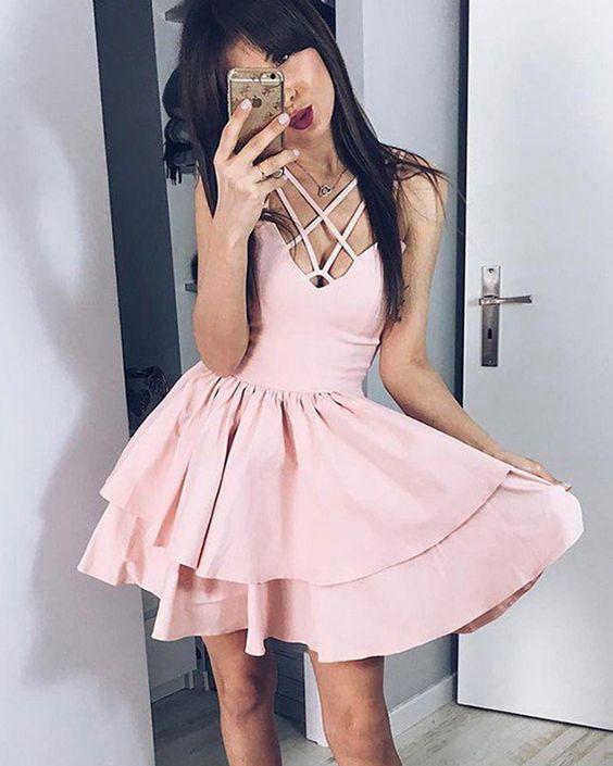 Simple Pearl Pleated Crisscross Layered Homecoming Dresses Pink Muriel CD1095