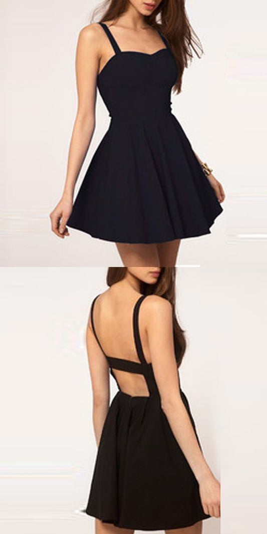 Simple A-Line Spaghetti Straps Homecoming Dresses Cocktail Kamryn Backless Black Short Sexy Dress CD1102