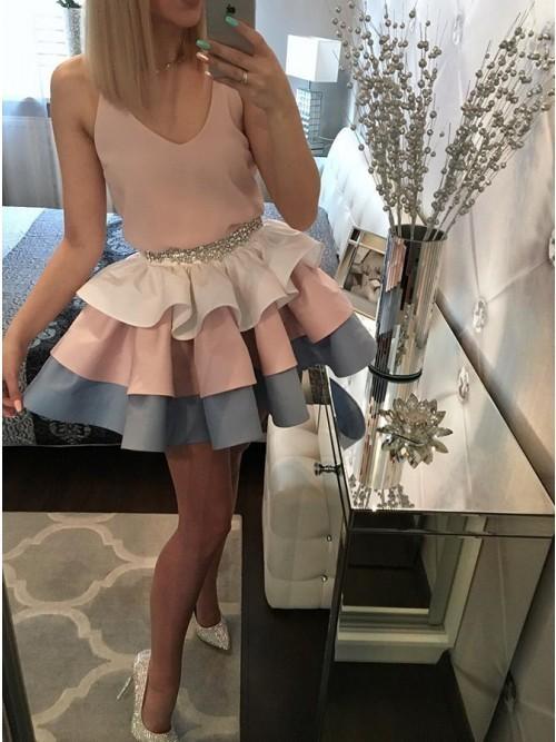 Tiered A-Line V-Neck Cute Jan Pink Homecoming Dresses Short With Beading CD11630