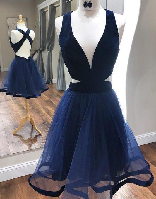 Deep V-Neck Sexy Dresses With Criss Cross Cocktail A Line Janet Homecoming Dresses Back Navy Blue CD11695