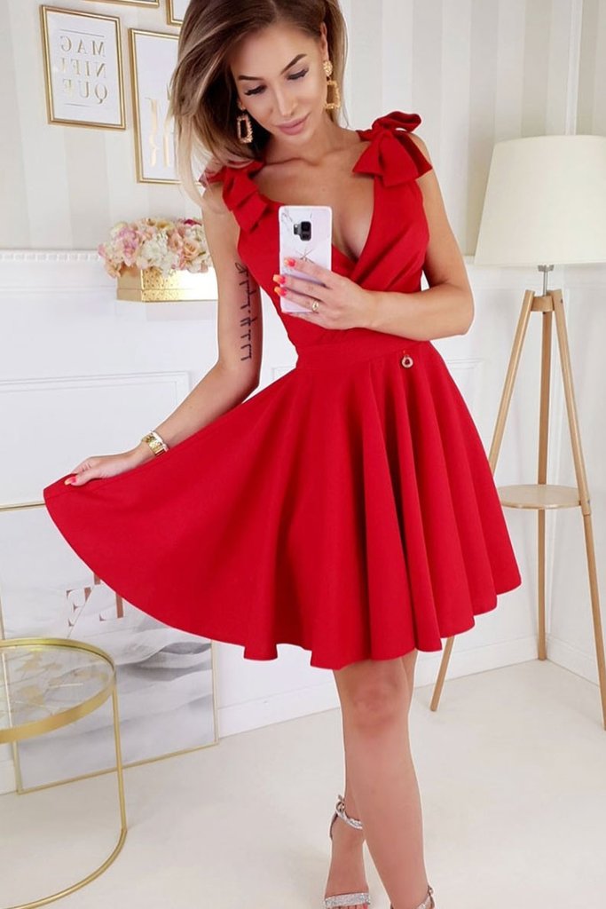 RED V NECK SATIN SHORT DRESS Homecoming Dresses Heidy RED SATIN CD11899