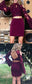 Maroon Two Piece Beading Sheath Homecoming Dresses Lace Desirae Long Sleeve CD1308