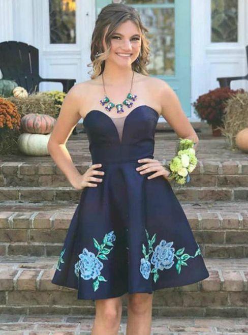 Navy Blue Strapless Homecoming Dresses Prudence Satin Floral Appliques CD1311