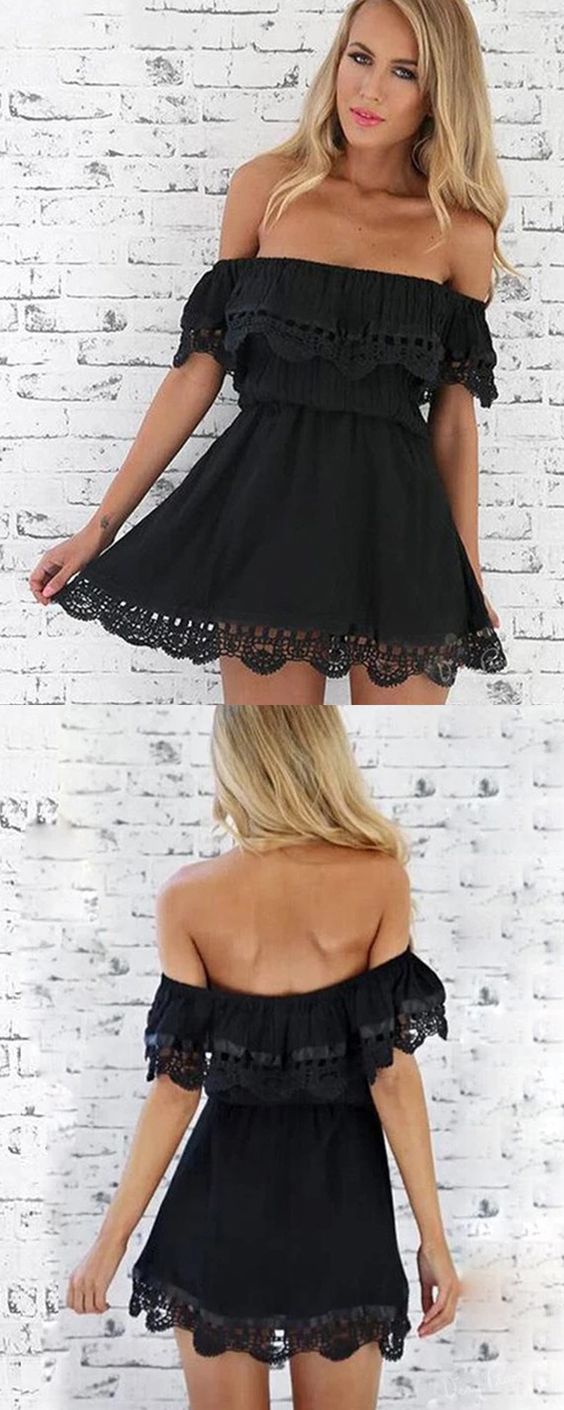 Off The Shoulder Black Lace Salma Homecoming Dresses Short With Hems CD13239