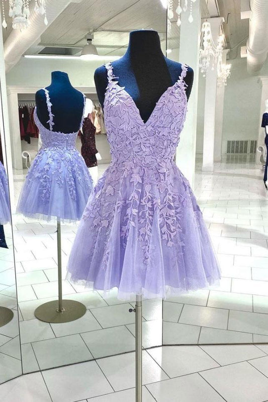Purple Livia Cocktail Homecoming Dresses Lace V Neck Tulle Short Dress CD14994