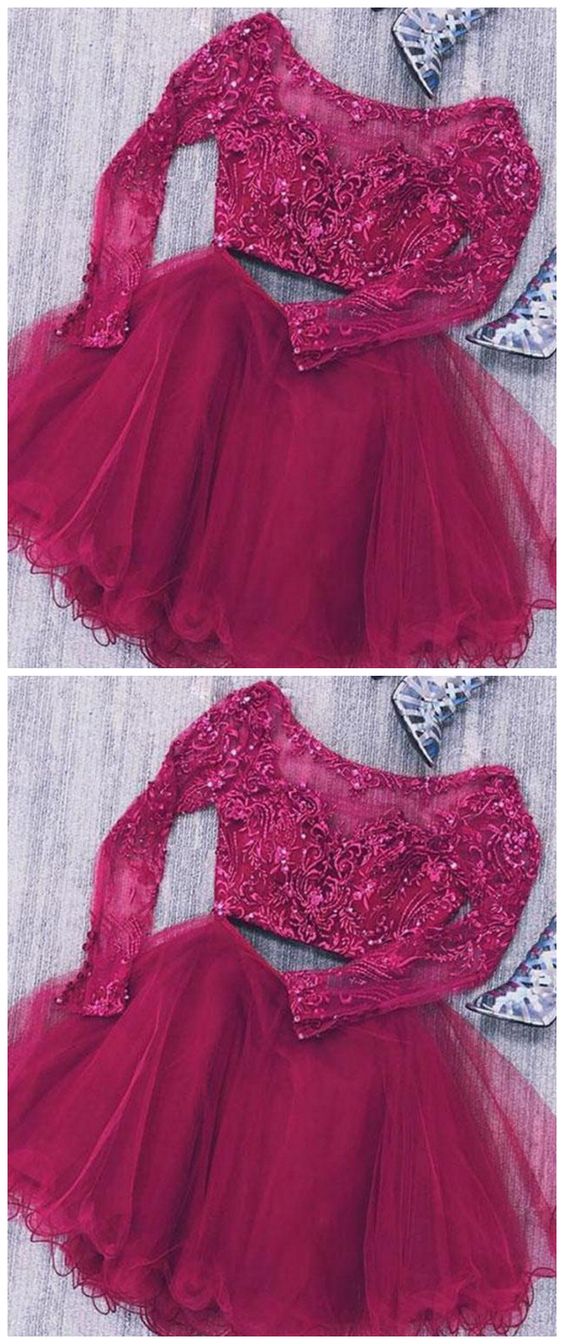 Two Piece Long Homecoming Dresses Madeline Lace Sleeves Tulle Short With Beads CD1507