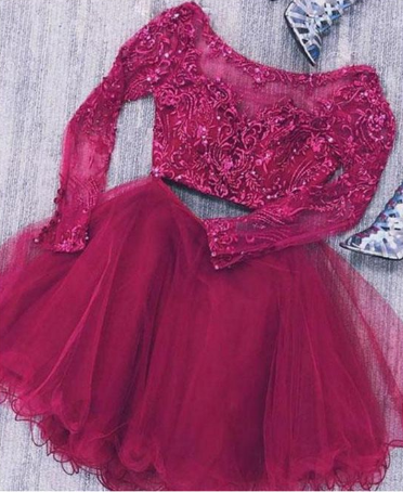 Two Piece Long Homecoming Dresses Madeline Lace Sleeves Tulle Short With Beads CD1507