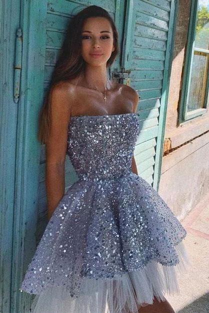 Larissa A Line Homecoming Dresses Blue Sequins Beaded Tulle Strapless Party Dress CD16022