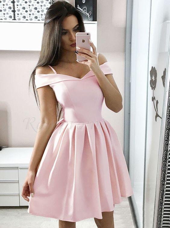 A-Line Lyric Pink Satin Homecoming Dresses Off-The-Shoulder Above-Knee With Pleats CD16167