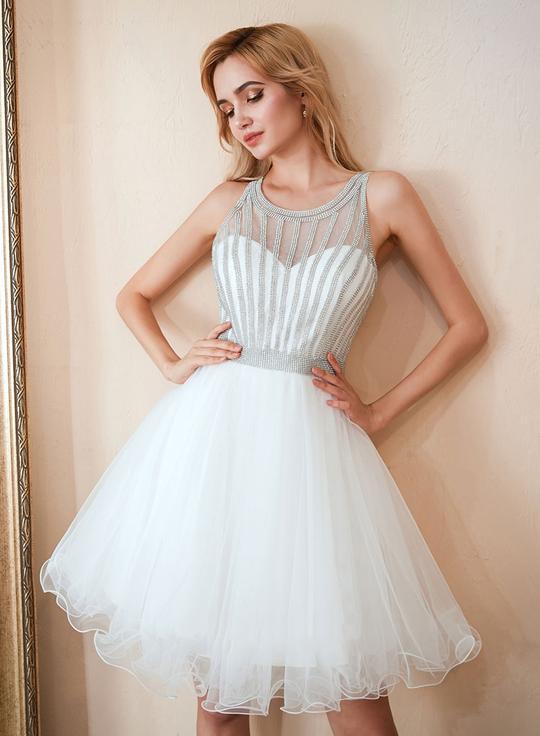 White Round Neck Tulle Beads Gisselle Homecoming Dresses Short Dress CD1743