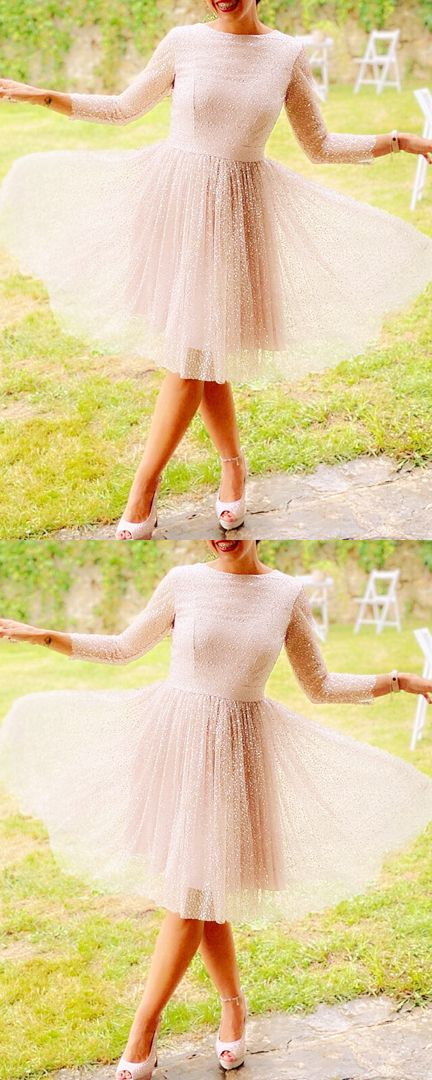 Homecoming Dresses Minnie Ivory Cocktail Glitter Tulle Party Dress With Sleeves CD18108
