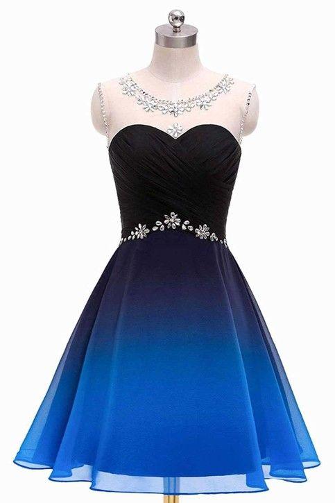 Round Neck Beads Blue And Homecoming Dresses Cocktail Dulce A Line Black Short Dresses Ruffles Straps Dresses CD1874