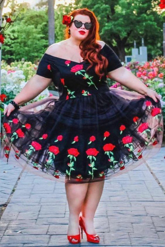 Short Plus Size Off The Shoulder Black And Rose Floral Homecoming Dresses Aryana Embroidered CD19214
