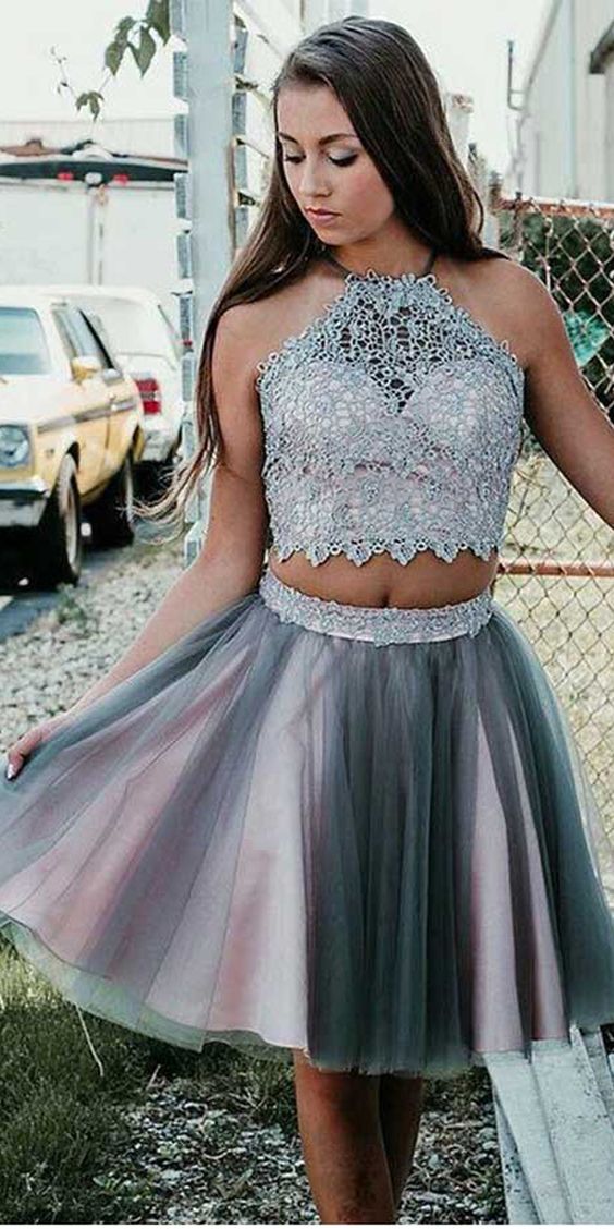 Grey Short Two Piece Halter Lace Penny Homecoming Dresses Party Dress With CD2105