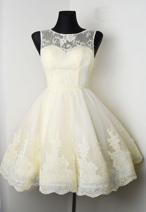 A-Line Bateau Beige Homecoming Dresses Emely Lace Tulle Short With CD2153