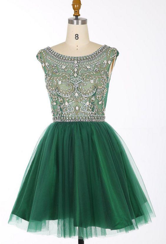 Green Beaded Embellished Round Neck Sleeveless Short Tulle Ashtyn Homecoming Dresses CD2174