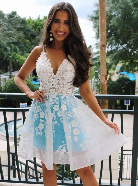 A-Line Kaylie Homecoming Dresses Spaghetti Straps Above-Knee White With Appliques CD2266