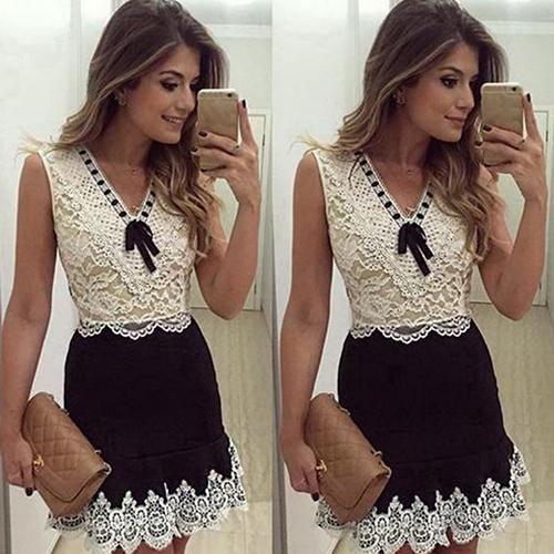 Womens Sexy Summer Cocktail Lace Avah Homecoming Dresses Patchwork Sleeveless Bowknot Party Mini Dress CD22730