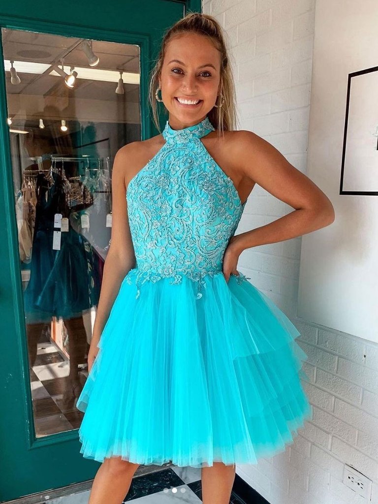 BLUE HIGH Elyse Homecoming Dresses NECK TULLE LACE SHORT DRESS BLUE CD22763