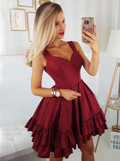A-Line Straps Above-Knee Kaylee Homecoming Dresses Burgundy Tiered With Pleats CD22832