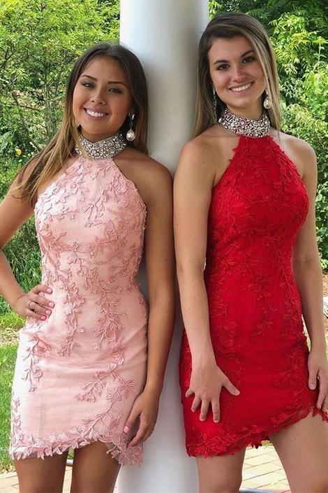 Halter Short Red With Appliques Pink Pearl Homecoming Dresses Lace Beading CD22865