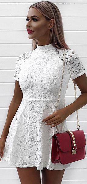 A-Line High Neck Short Sleeves Aubrie Homecoming Dresses Lace CD22867