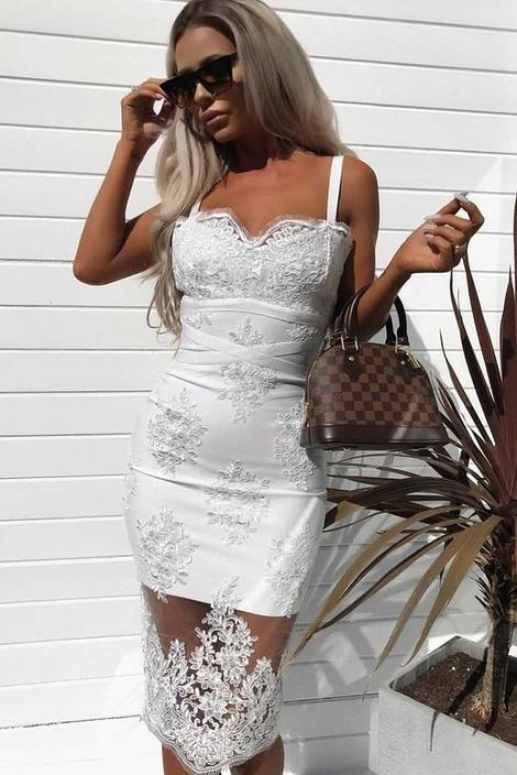 White Spaghetti Straps Lace Pancy Homecoming Dresses Embroidery Sexy Bodycon Midi CD22931