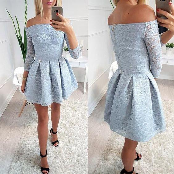 Light Blue Homecoming Dresses Lace Adalynn Off Shoulder Long Sleeve Simple CD23169