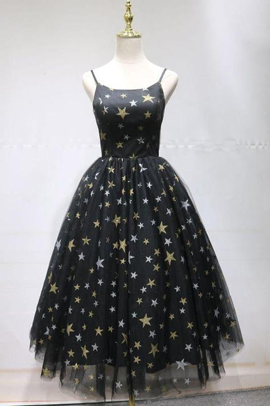 Unique Black Star Homecoming Dresses Cocktail Abbey Printed Tulle Open Back Short Dress CD23293